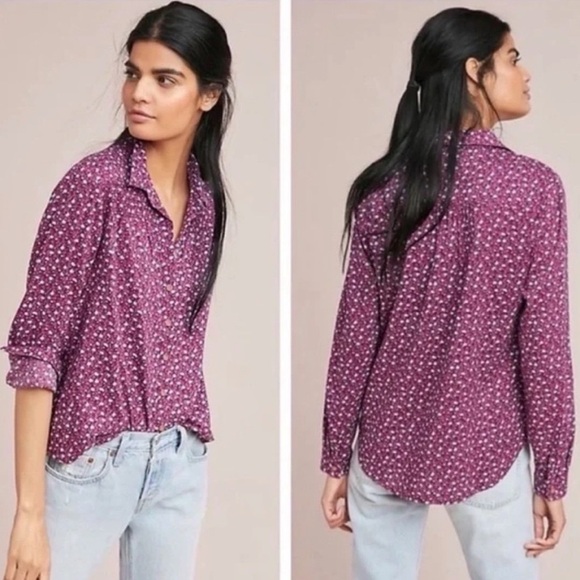 Maeve by Anthropologie Calico Purple 3/4 Sleeve Button Down Shirt - Picture 2 of 9